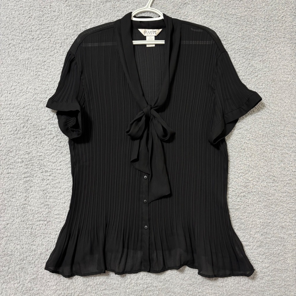 Work Casual Black Pleated Tie Neck Blouse 3X Sheer Layering Office Top